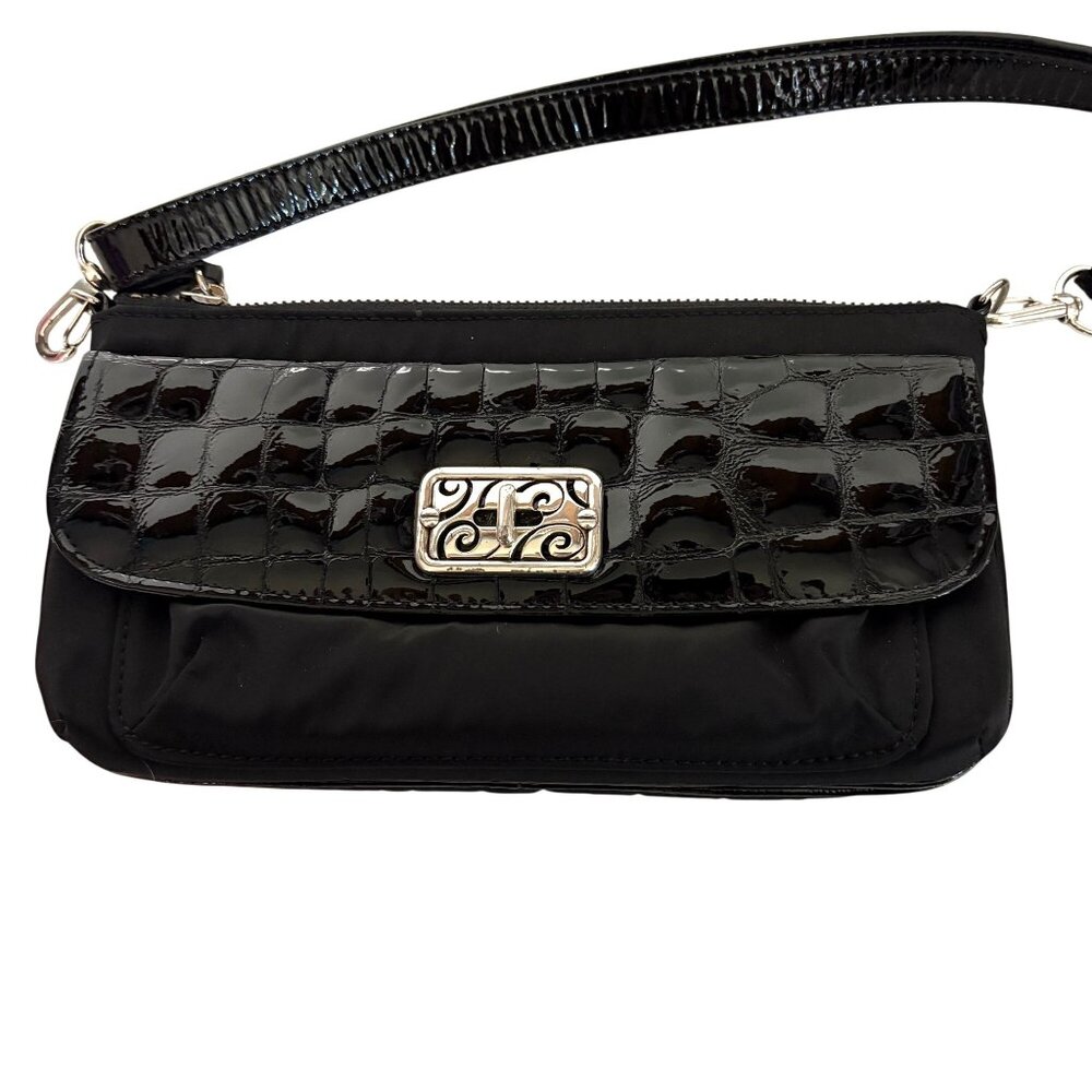 Brighton Black Nylon Faux Patent Leather Crossbody Bag Adjustable Strap Purse